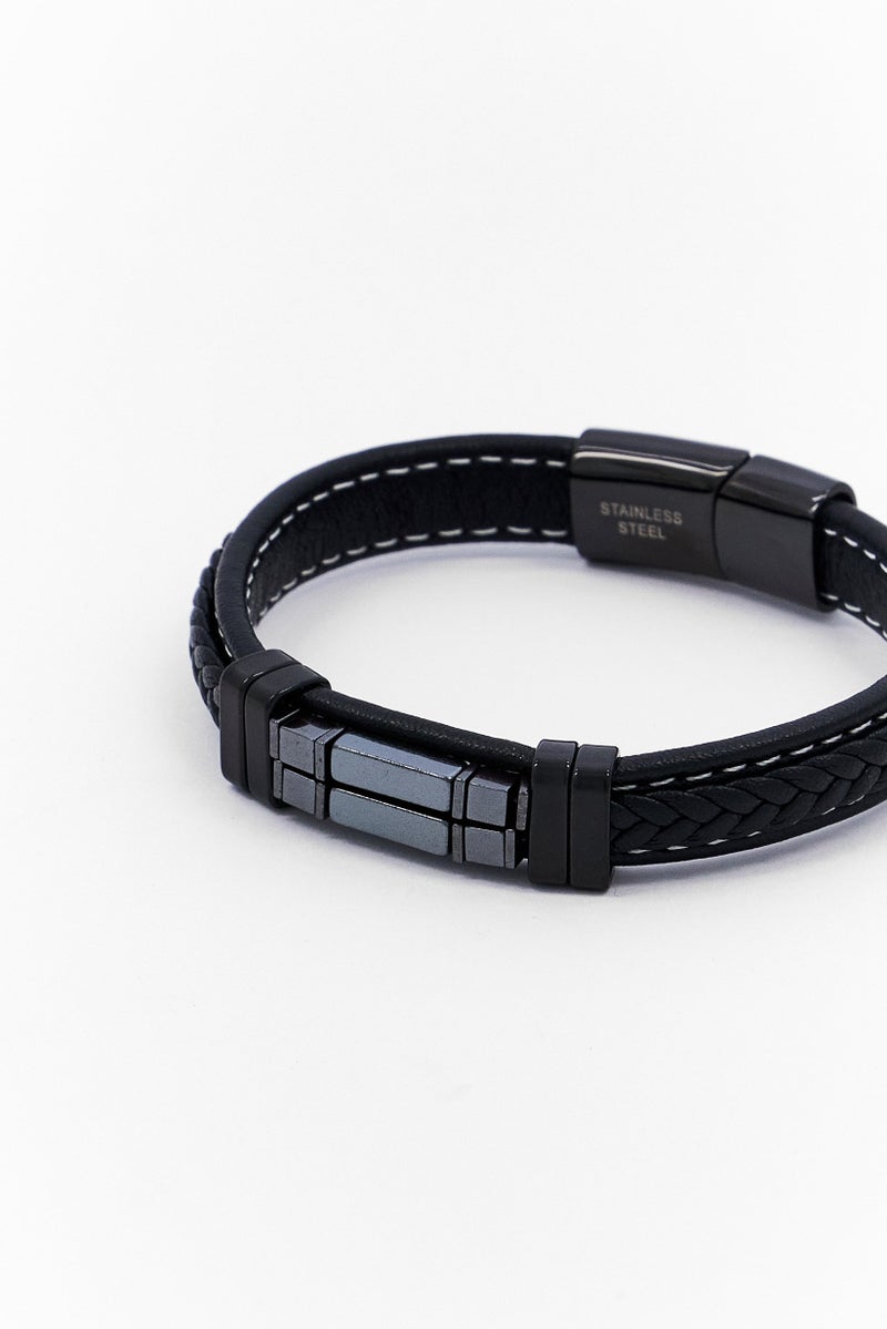 Steeltime سوار معرف من خرز الهيماتيت والجزع مع خيوط من الفولاذ المقاوم للصدأ للرجال، أسود - Image 3